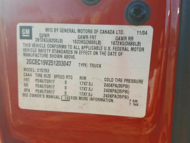 2GCEC19V251203047 - 2005 CHEVROLET SILVERADO RED photo 10