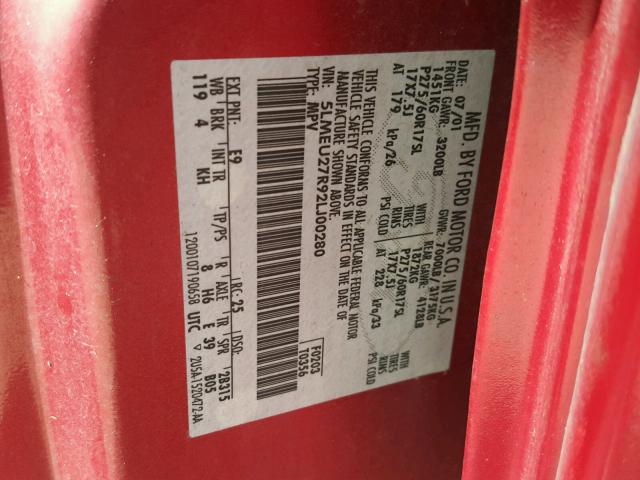 5LMEU27R92LJ00280 - 2002 LINCOLN NAVIGATOR 红色 照片 10