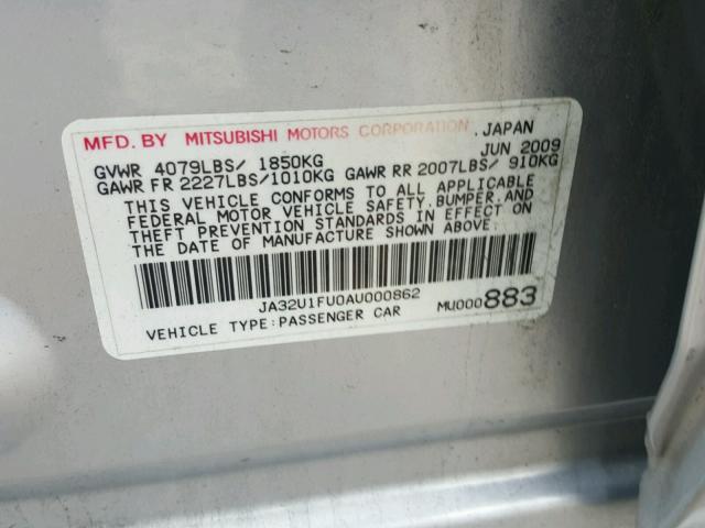 JA32U1FU0AU000862 - 2010 MITSUBISHI LANCER DE SILVER photo 10