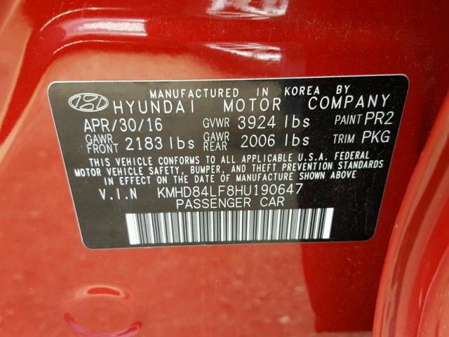 KMHD84LF8HU190647 - 2017 HYUNDAI ELANTRA SE RED photo 10