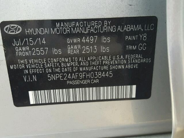 5NPE24AF9FH038445 - 2015 HYUNDAI SONATA SE SILVER photo 10