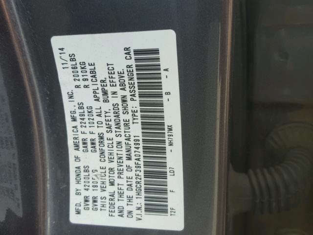 1HGCR2F39FA074991 - 2015 HONDA ACCORD LX GRAY photo 10