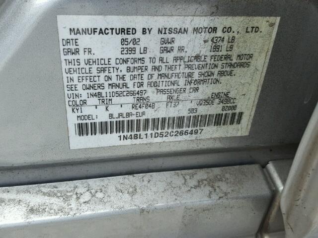 1N4BL11D52C266497 - 2002 NISSAN ALTIMA SE SILVER photo 10