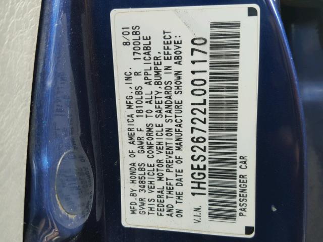 1HGES26722L001170 - 2002 HONDA CIVIC EX BLUE photo 10