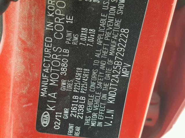 KNDJT2A25B7292228 - 2011 KIA SOUL +/!/S RED photo 10