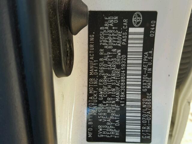 4T1BK3DB8BU419320 - 2011 TOYOTA AVALON BAS WHITE photo 10