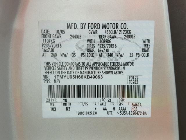 1FMYU95H66KB49063 - 2006 FORD ESCAPE SILVER photo 10