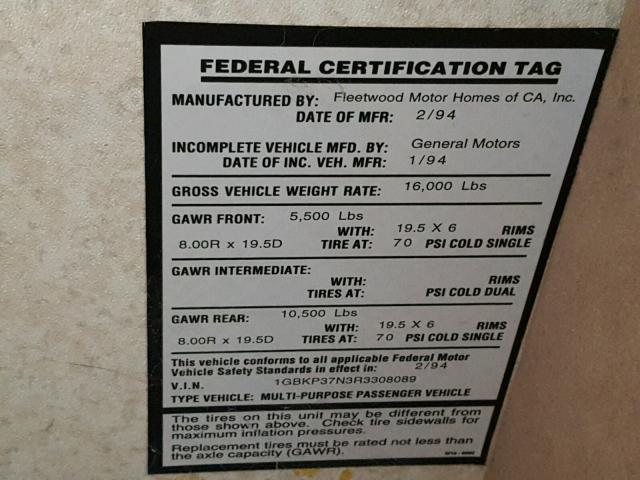 1GBKP37N3R3308089 - 1994 CHEVROLET RV TAN photo 10