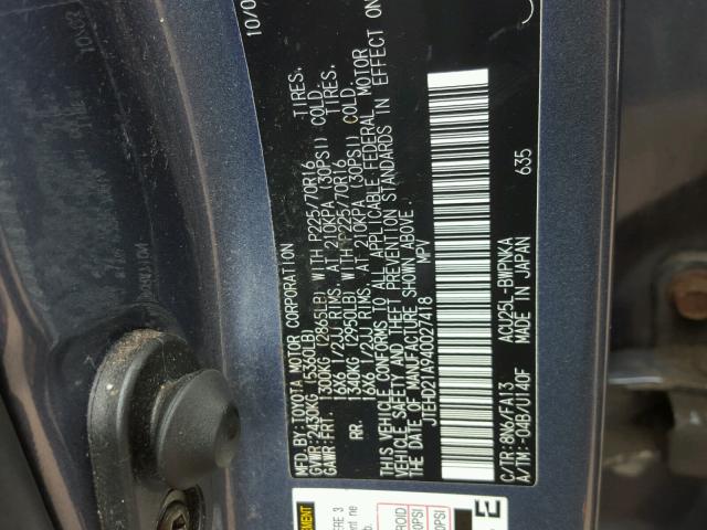 JTEHD21A940027418 - 2004 TOYOTA HIGHLANDER BLUE photo 10