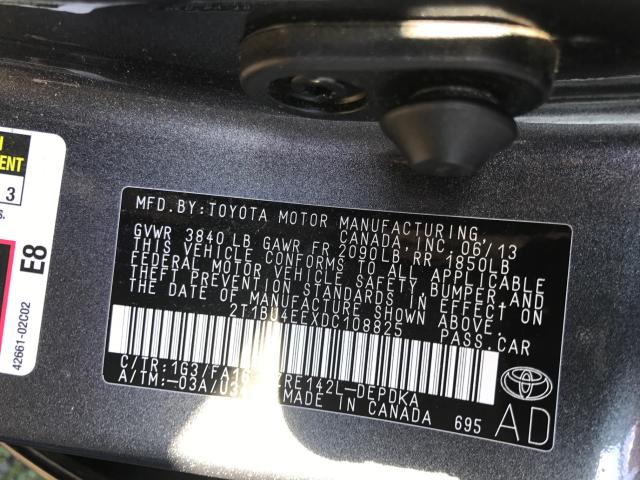 2T1BU4EEXDC108825 - 2013 TOYOTA COROLLA BA GRAY photo 10