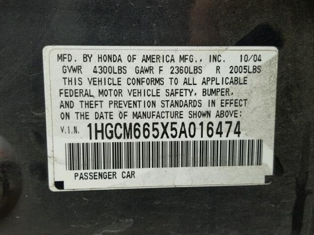 1HGCM665X5A016474 - 2005 HONDA ACCORD GRAY photo 10