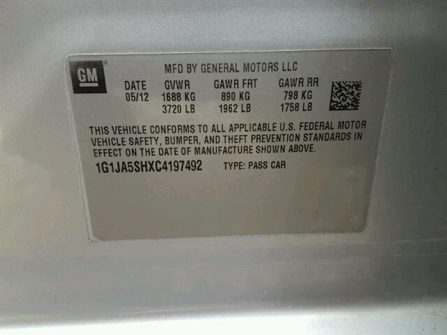 1G1JA5SHXC4197492 - 2012 CHEVROLET SONIC LS SILVER photo 10