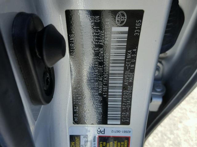 4T1BF1FK9CU036025 - 2012 TOYOTA CAMRY BASE SILVER photo 10