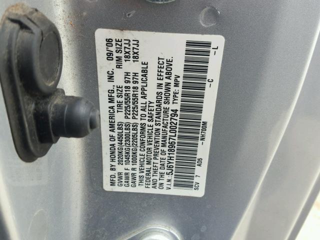 5J6YH18967L002794 - 2007 HONDA ELEMENT SC SILVER photo 10