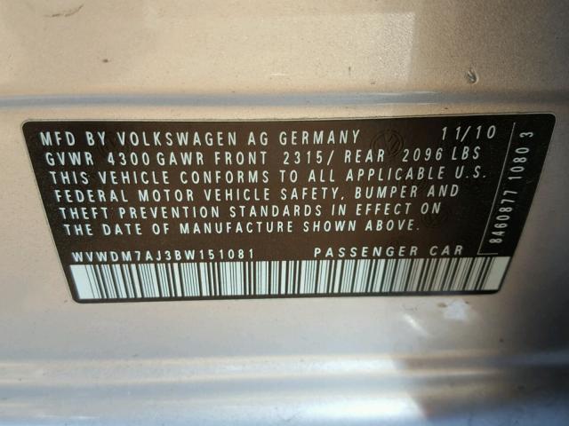 WVWDM7AJ3BW151081 - 2011 VOLKSWAGEN GOLF SILVER photo 10