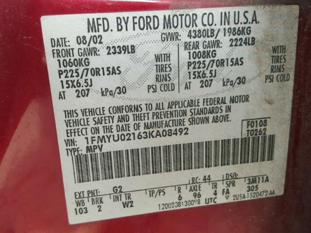 1FMYU02163KA08492 - 2003 FORD ESCAPE XLS RED photo 10