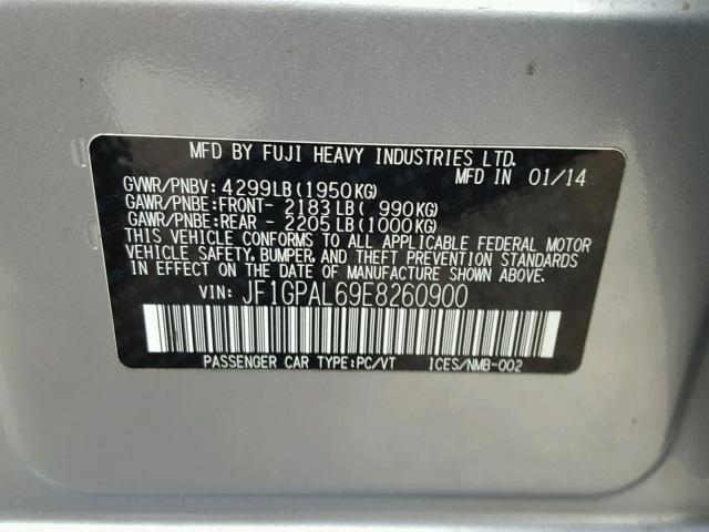 JF1GPAL69E8260900 - 2014 SUBARU IMPREZA SILVER photo 10