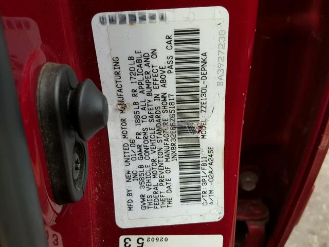 1NXBR32E66Z651817 - 2006 TOYOTA COROLLA RED photo 10