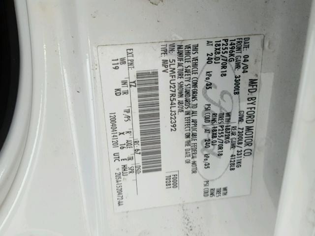 5LMFU27R54LJ32392 - 2004 LINCOLN NAVIGATOR Blanc photo 10