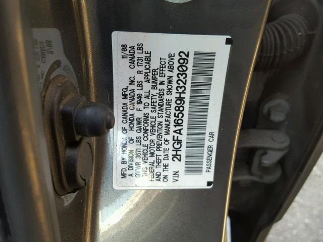 2HGFA16589H323092 - 2009 HONDA CIVIC LX GRAY photo 10