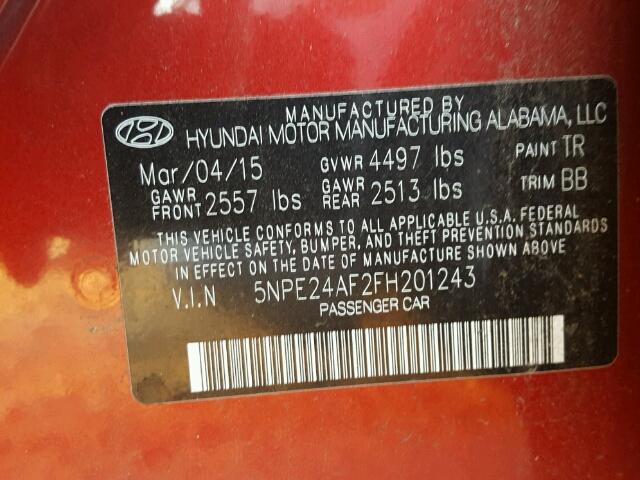 5NPE24AF2FH201243 - 2015 HYUNDAI SONATA SE RED photo 10