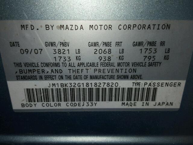 JM1BK32G181827820 - 2008 MAZDA 3 I BLUE photo 10