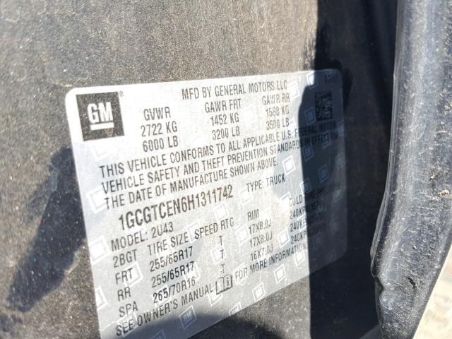 1GCGTCEN6H1311742 - 2017 CHEVROLET COLORADO L CHARCOAL photo 10