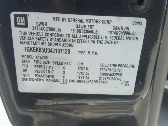 1GKEK63U94J107120 - 2004 GMC YUKON DENA BLACK photo 10