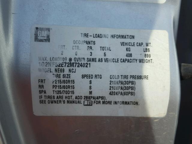 1G2NF52E72M724021 - 2002 PONTIAC GRAND AM S SILVER photo 10