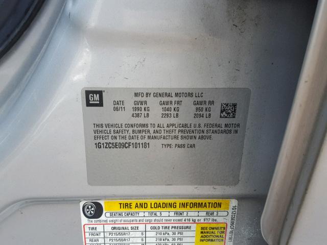 1G1ZC5E09CF101181 - 2012 CHEVROLET MALIBU 1LT SILVER photo 10