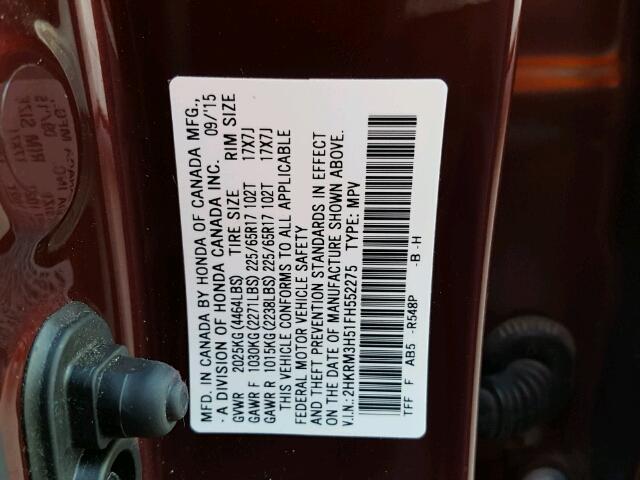 2HKRM3H51FH552275 - 2015 HONDA CR-V MAROON photo 10