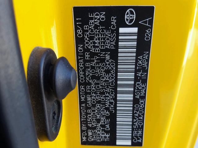 JTKJF5C71C3026207 - 2012 TOYOTA SCION TC 黄色 照片 10