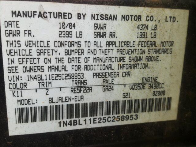 1N4BL11E25C258953 - 2005 NISSAN ALTIMA SE GRAY photo 10