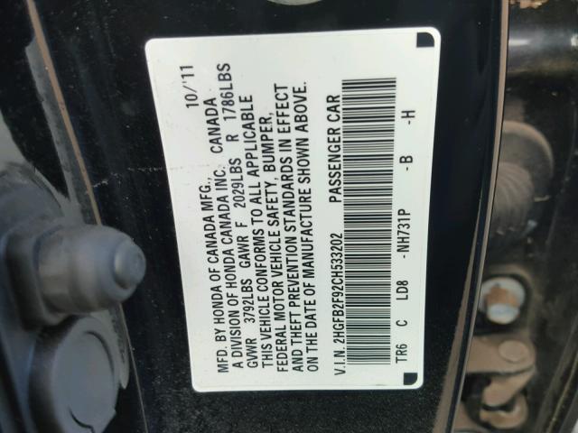 2HGFB2F92CH533202 - 2012 HONDA CIVIC EXL 黑色 照片 10