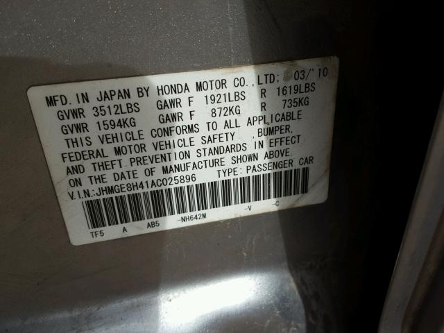 JHMGE8H41AC025896 - 2010 HONDA FIT SPORT SILVER photo 10