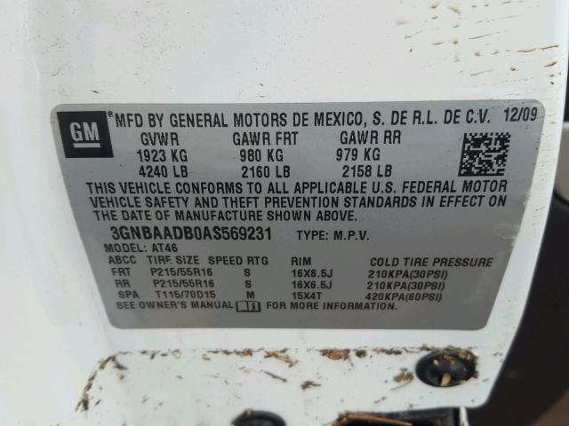 3GNBAADB0AS569231 - 2010 CHEVROLET HHR LS WHITE photo 10