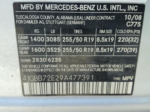 4JGBB72E29A477391 - 2009 MERCEDES-BENZ ML 550 GRAY photo 10