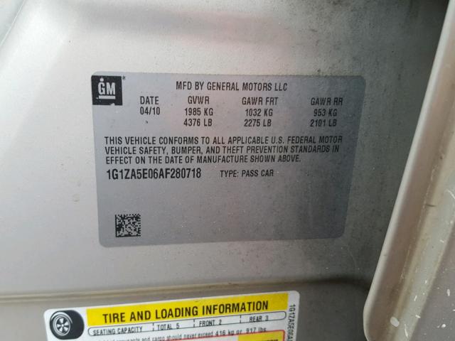 1G1ZA5E06AF280718 - 2010 CHEVROLET MALIBU LS თაფლისფერი ფოტო 10