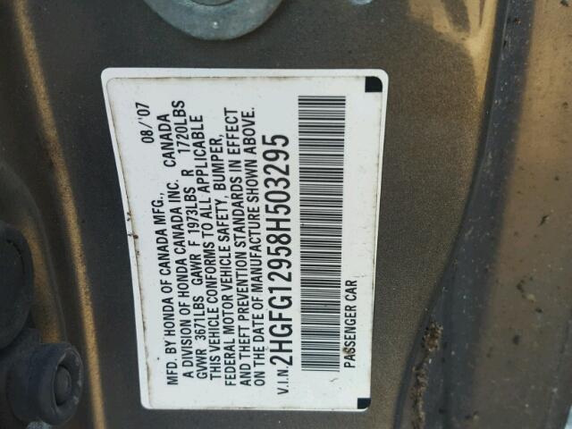 2HGFG12958H503295 - 2008 HONDA CIVIC EXL 灰色 照片 10