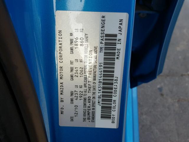 JM1BL1K31B1444191 - 2011 MAZDA SPEED 3 BLUE photo 10