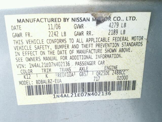 1N4AL21E07N402136 - 2007 NISSAN ALTIMA SILVER photo 10