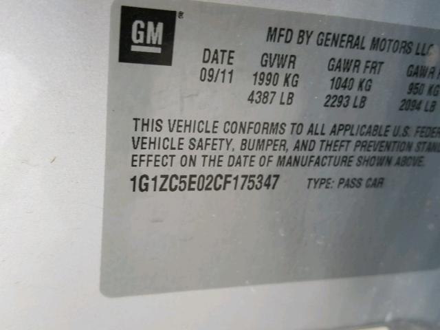 1G1ZC5E02CF175347 - 2012 CHEVROLET MALIBU 1LT SILVER photo 10