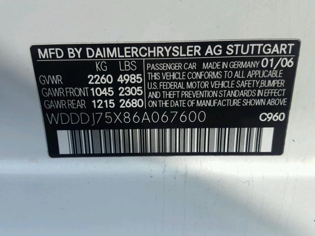 WDDDJ75X86A067600 - 2006 MERCEDES-BENZ CLS 500C WHITE photo 10