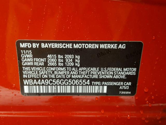 WBA4A9C56GG506554 - 2016 BMW 428 I RED photo 10