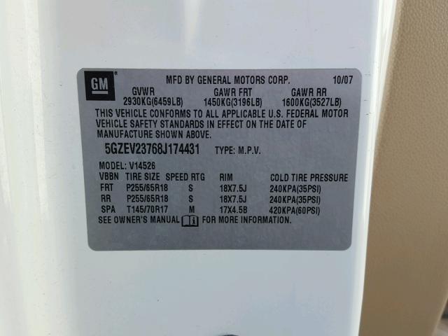 5GZEV23768J174431 - 2008 SATURN OUTLOOK XR Ақ фото 10