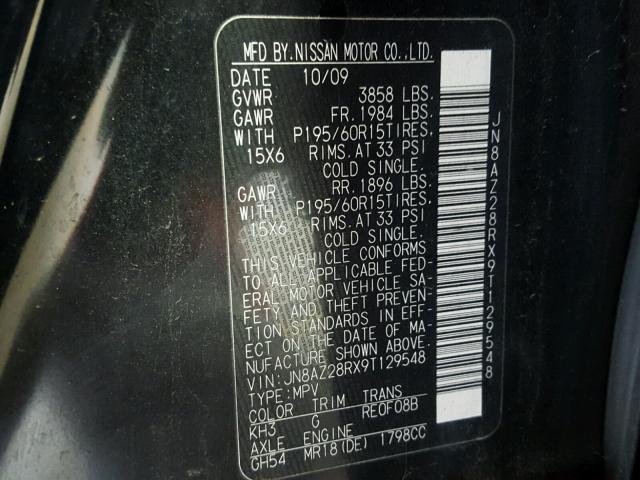 JN8AZ28RX9T129548 - 2009 NISSAN CUBE BASE BLACK photo 10