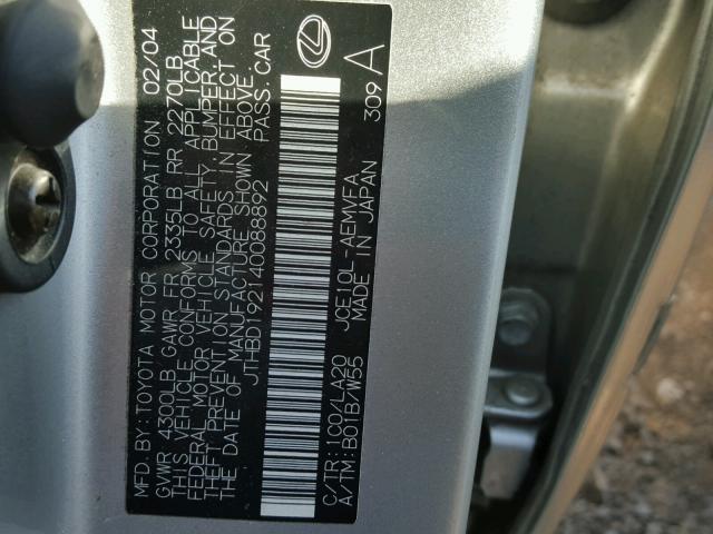 JTHBD192140088892 - 2004 LEXUS IS 300 SILVER photo 10