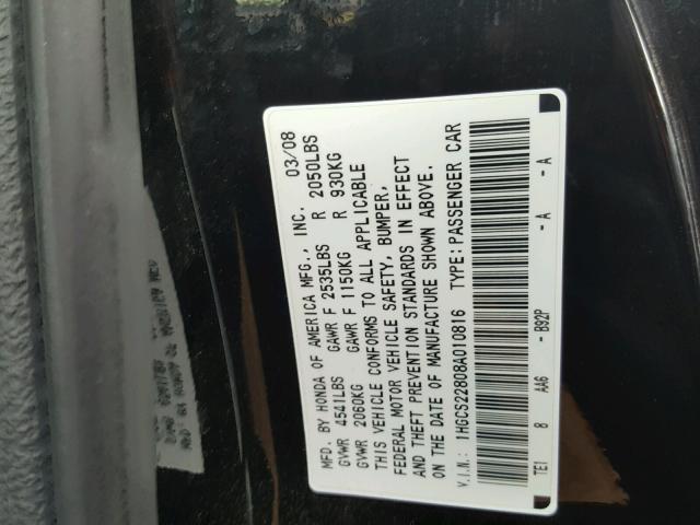 1HGCS22808A010816 - 2008 HONDA ACCORD EXL BLACK photo 10