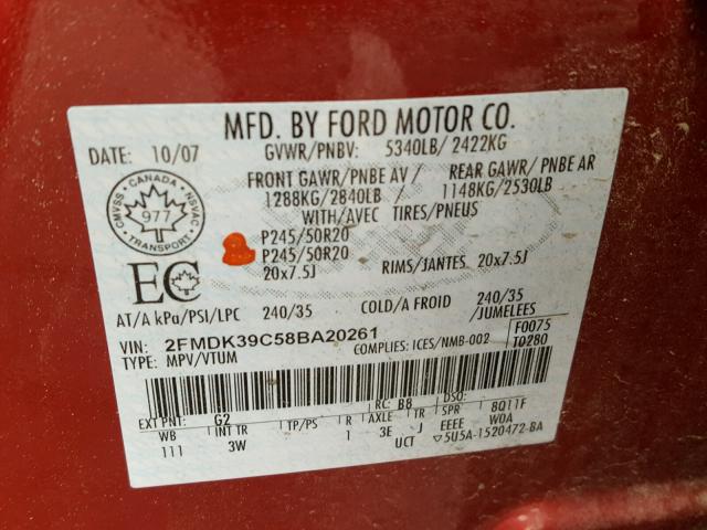 2FMDK39C58BA20261 - 2008 FORD EDGE LIMIT RED photo 10