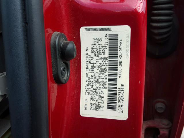 5YFBU4EE7DP191596 - 2013 TOYOTA COROLLA BA RED photo 10